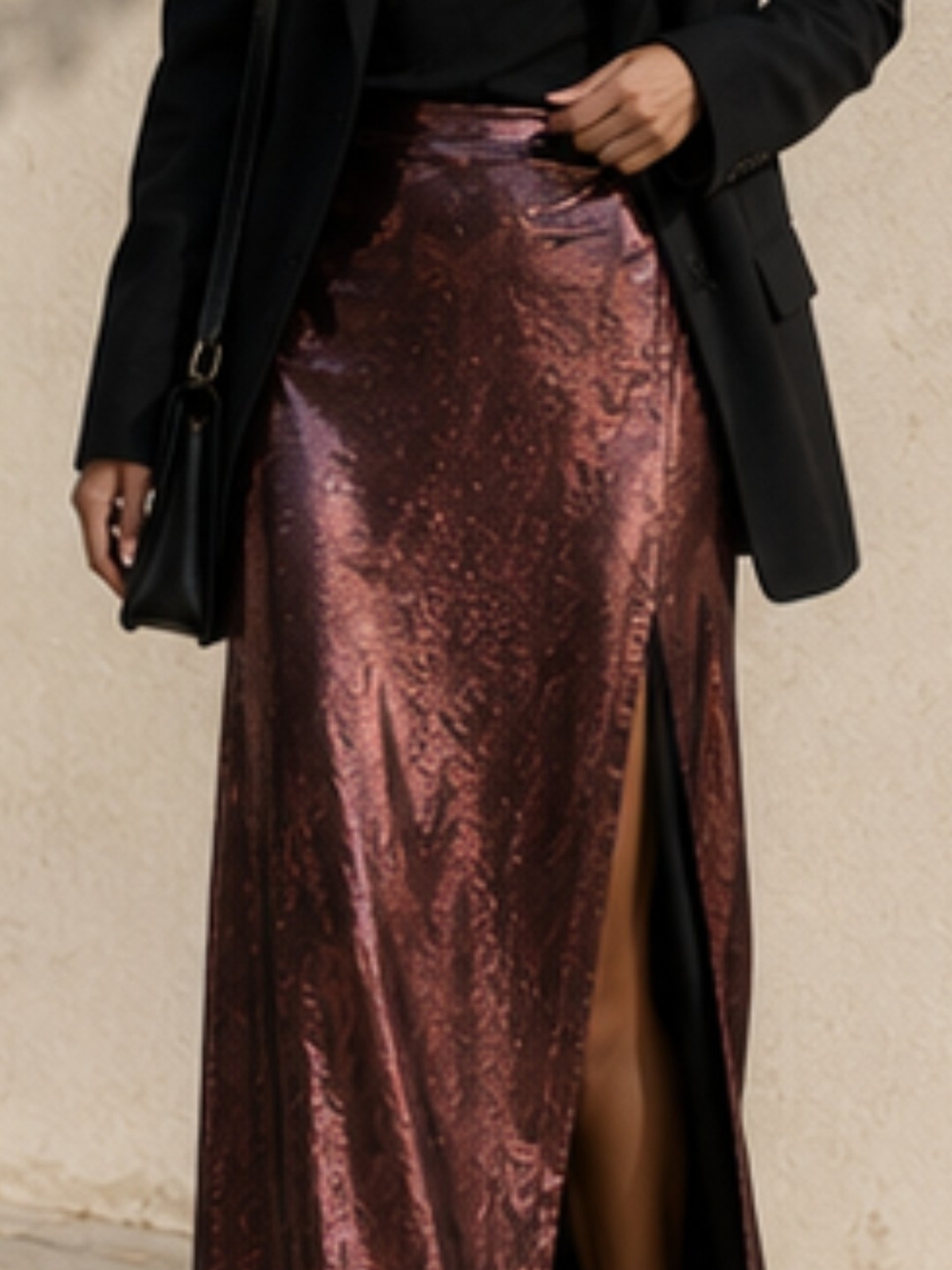 Cupshe Metallic Wine-Red Satin Maxi Skirt with Side Slit